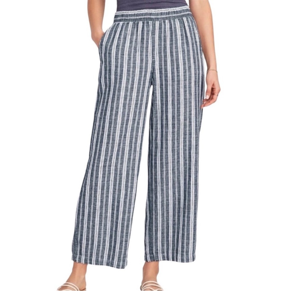 Old Navy High Rise Wide Leg xxl Striped White Blue 55% Linen 45% Cotton Breezy